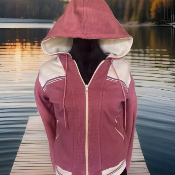 80s Vtg Track & Court Womens Retro Hooded Zip-Up Jacket Acrylic Knit Pink Size S - Picture 1 of 12